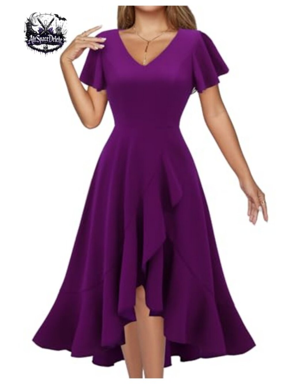 V-Neck Ruffle Midi Cocktail Dress A-Line Short Sleeve Wedding Guest